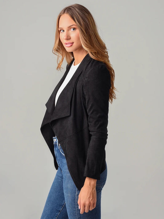 BB Dakota Black Faux Suede Draped Open Front Jacket | Size Large