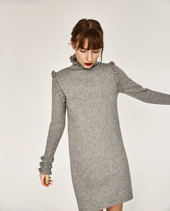 RD Style Ruffle Mock Neck Sweater Dress in Heathered Taupe | Size Small