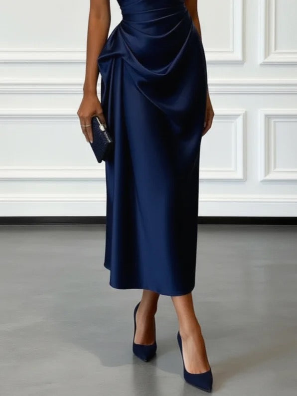 NWT Fehaute Purplish Blue Ruched Satin One Shoulder Sleeveless A-Line Midi Dress
