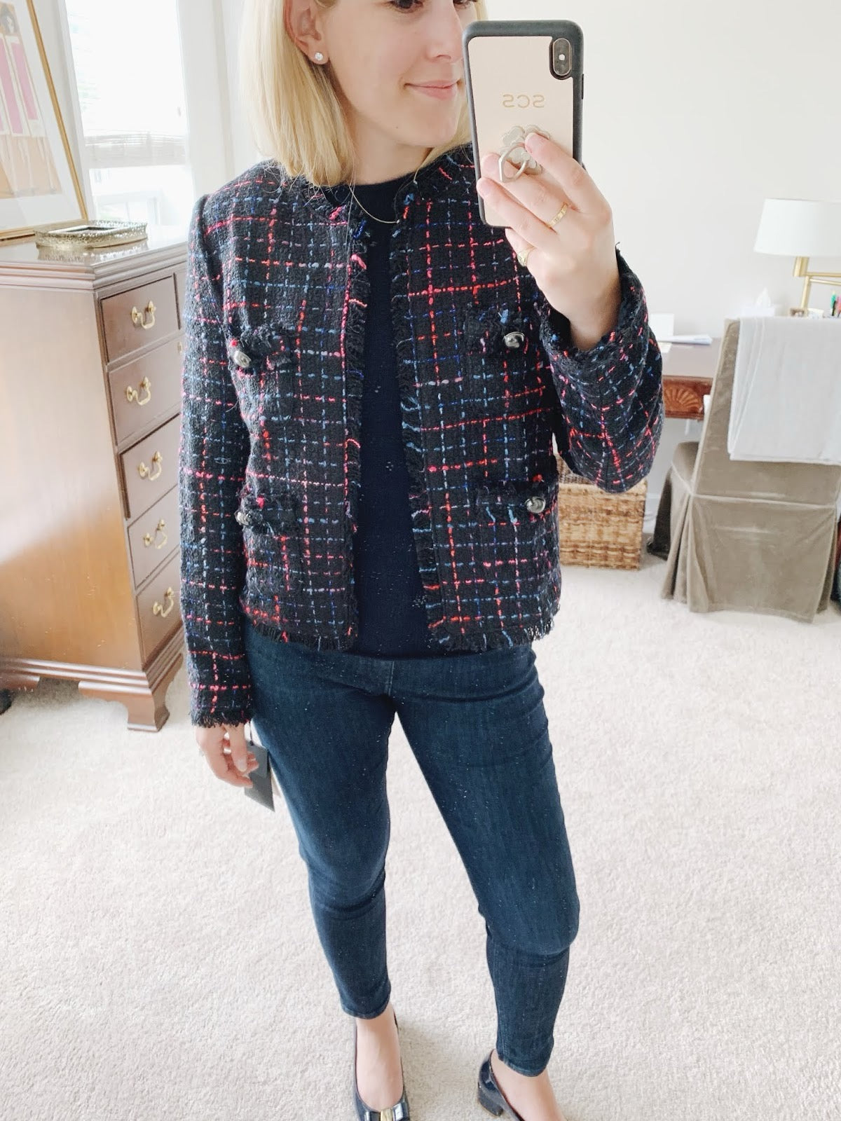 NWT Halogen Samantha Tweed Navy Plaid Frayed Fringe Jacket | Size Small