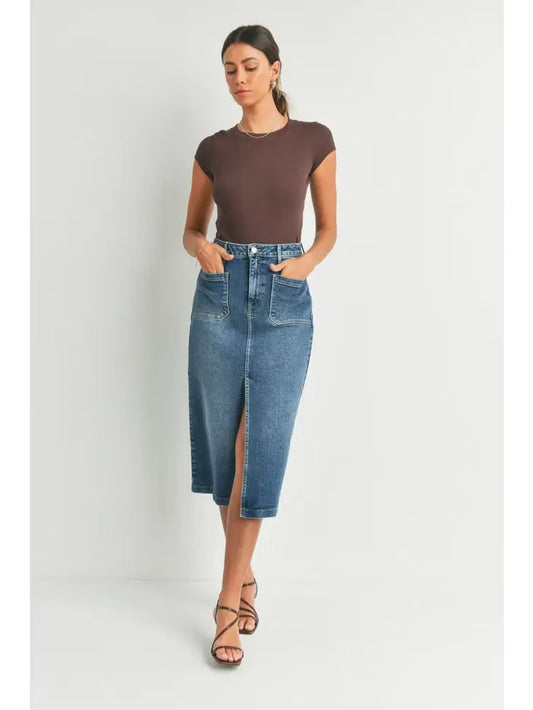 Just Black Denim High Rise Front Slit Jean Skirt | Size Medium