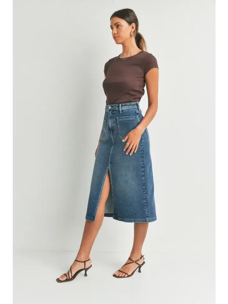 Just Black Denim High Rise Front Slit Jean Skirt | Size Medium