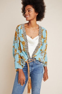Anthropologie Leopard Trimmed Floral Kimono | One Size