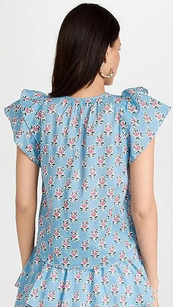 Marea Blue Floral Block Print Ruffle Cap Sleeve Cotton V-Neck Top | Size Medium