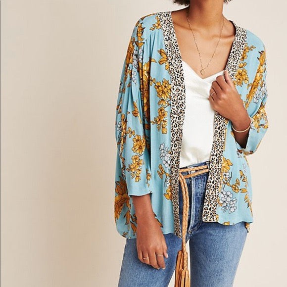 Anthropologie Leopard Trimmed Floral Kimono | One Size