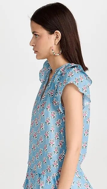 Marea Blue Floral Block Print Ruffle Cap Sleeve Cotton V-Neck Top | Size Medium