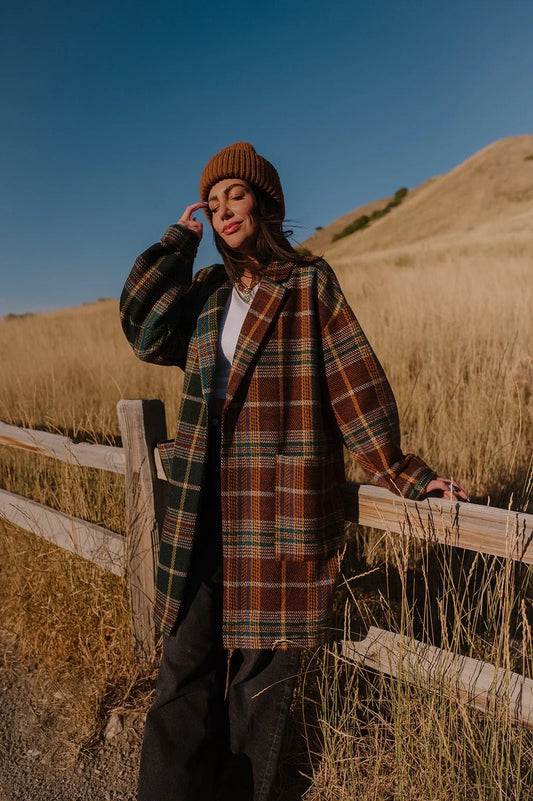 Lala Original Scorpio 2.0 Half + Half Oversized Plaid Coat in Pine and Brown | S/M