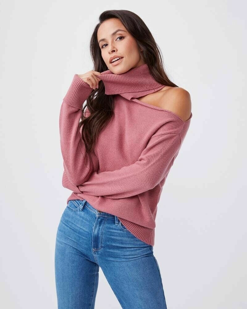 Paige Raundi Wool Blend Cold Shoulder Turtleneck Sweater in Rose Pink | Size Medium