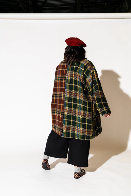 Lala Original Scorpio 2.0 Half + Half Oversized Plaid Coat in Pine and Brown | S/M