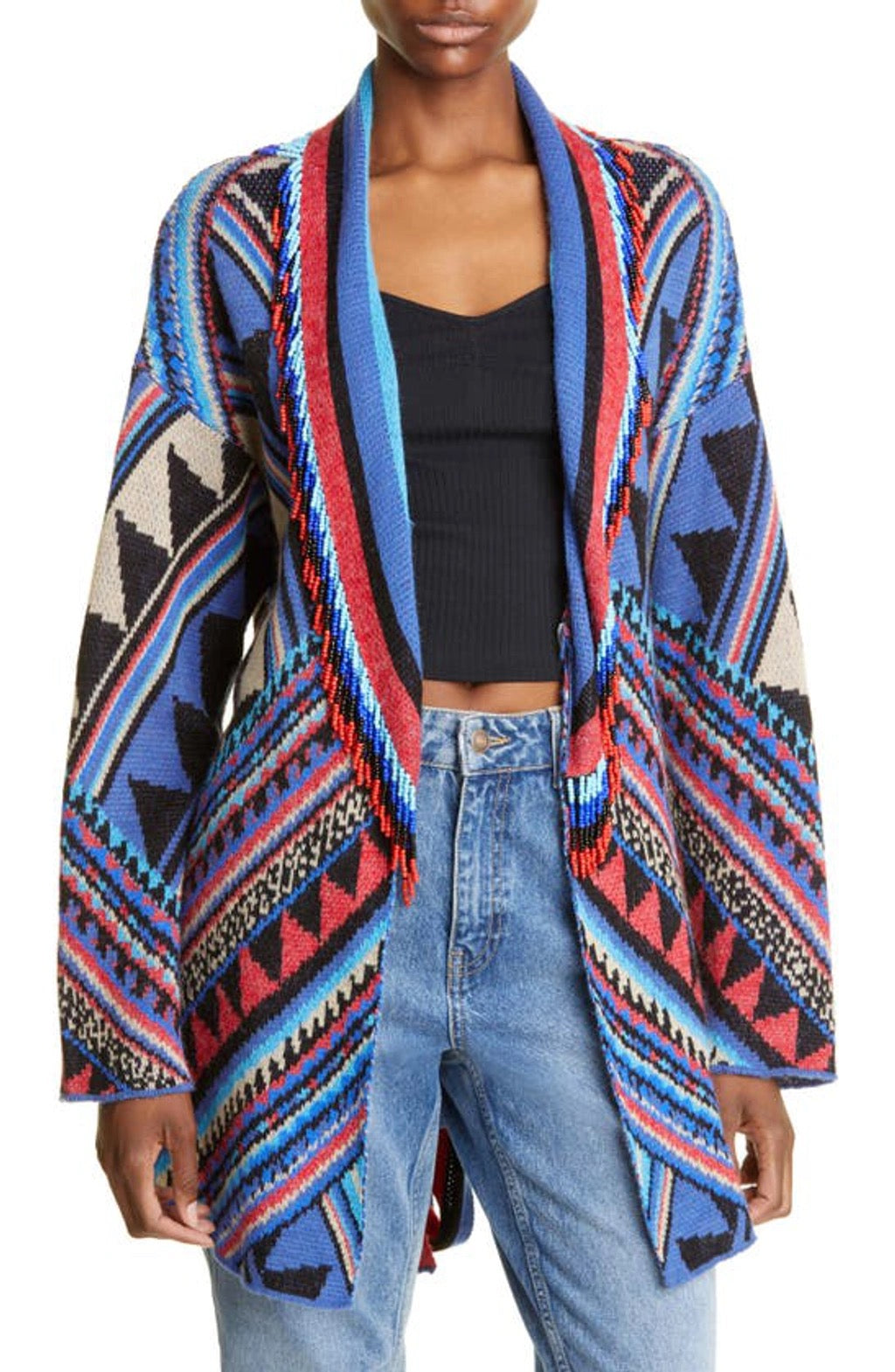 NWT Farm Rio Julie Stripes Belted Intarsia Knit Beaded Cardigan | Size Medium