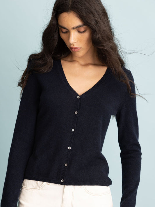 FTC Cashmere SeaCell Deep Navy Blue V-Neck Button Front Cardigan | Size Large