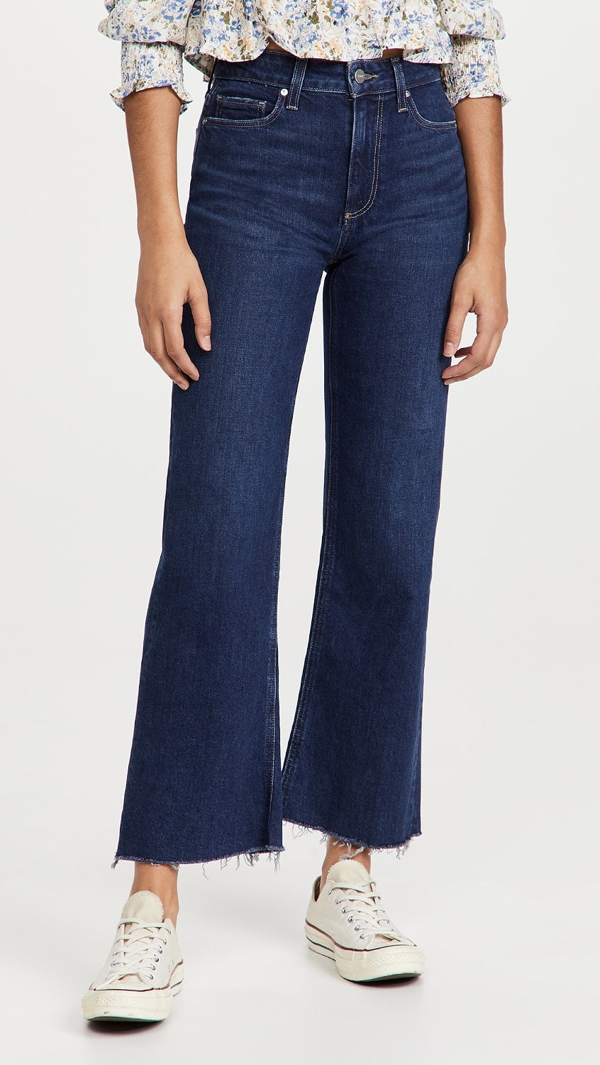 Paige Leenah Ankle High Rise Wide Leg Raw Hem Jeans in Dark Indigo | Size 28