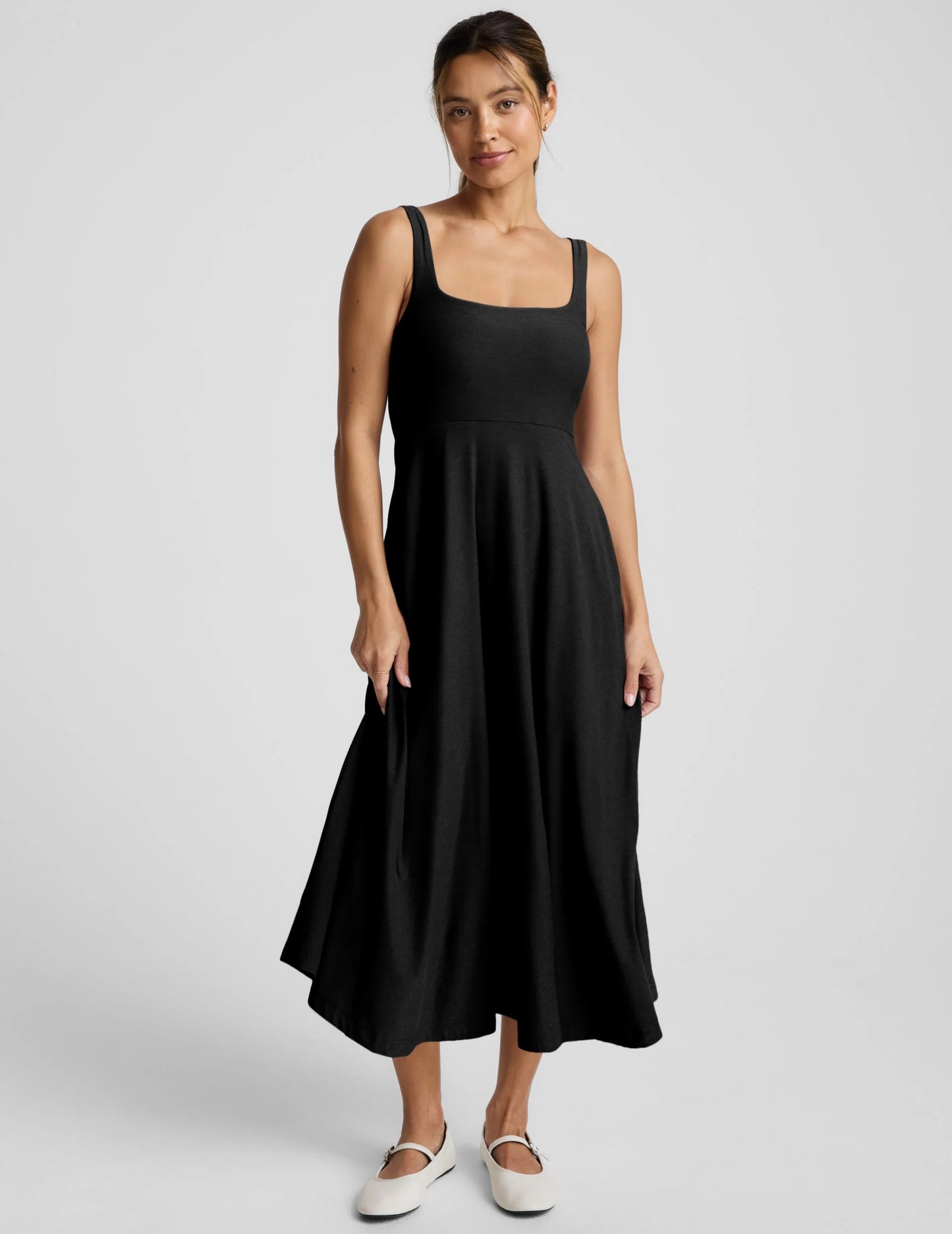 Beyond Yoga Featherweight At The Ready Square Neck Midi Dress in Black | Size XL