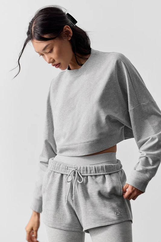 Alo Yoga Cropped Sway Crew Neck Pullover in Athletic Heather Gray | Size Medium