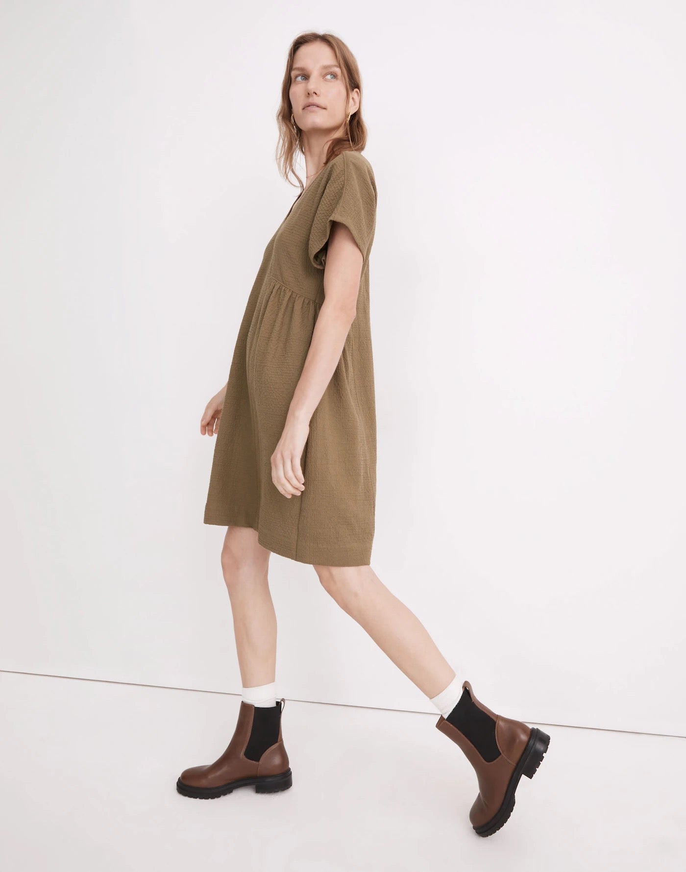 Madewell Olive Green Crinkle Gauze Dolman-Sleeve Mini Dress | Size Medium
