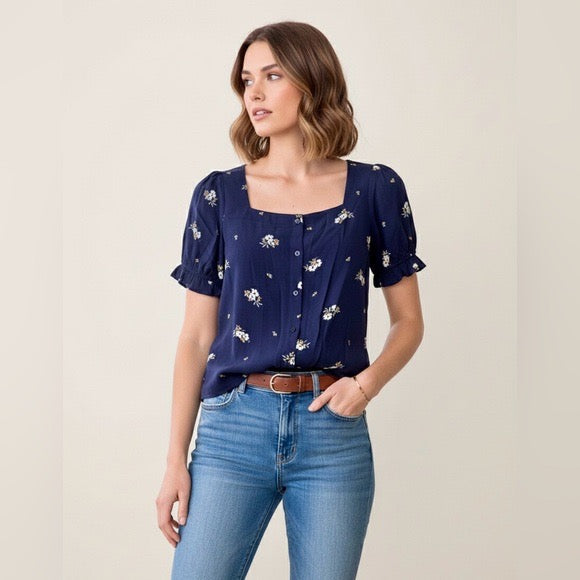 NWT Anthropologie Elodie Navy Blue Floral Ruffle Puff Sleeve Blouse | Size XS