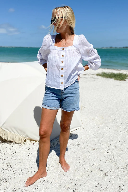 NWT Emerson Fry Laurent Button Front Long Sleeve Blouse in White | Small