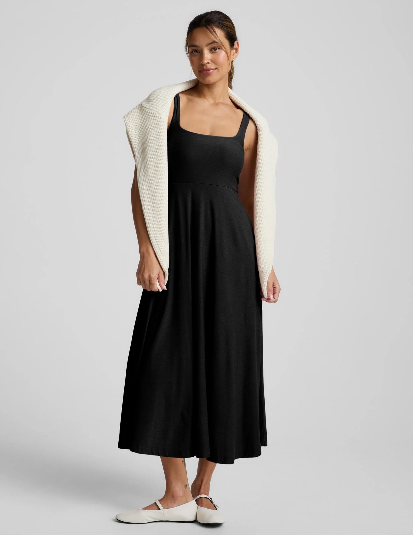 Beyond Yoga Featherweight At The Ready Square Neck Midi Dress in Black | Size XL