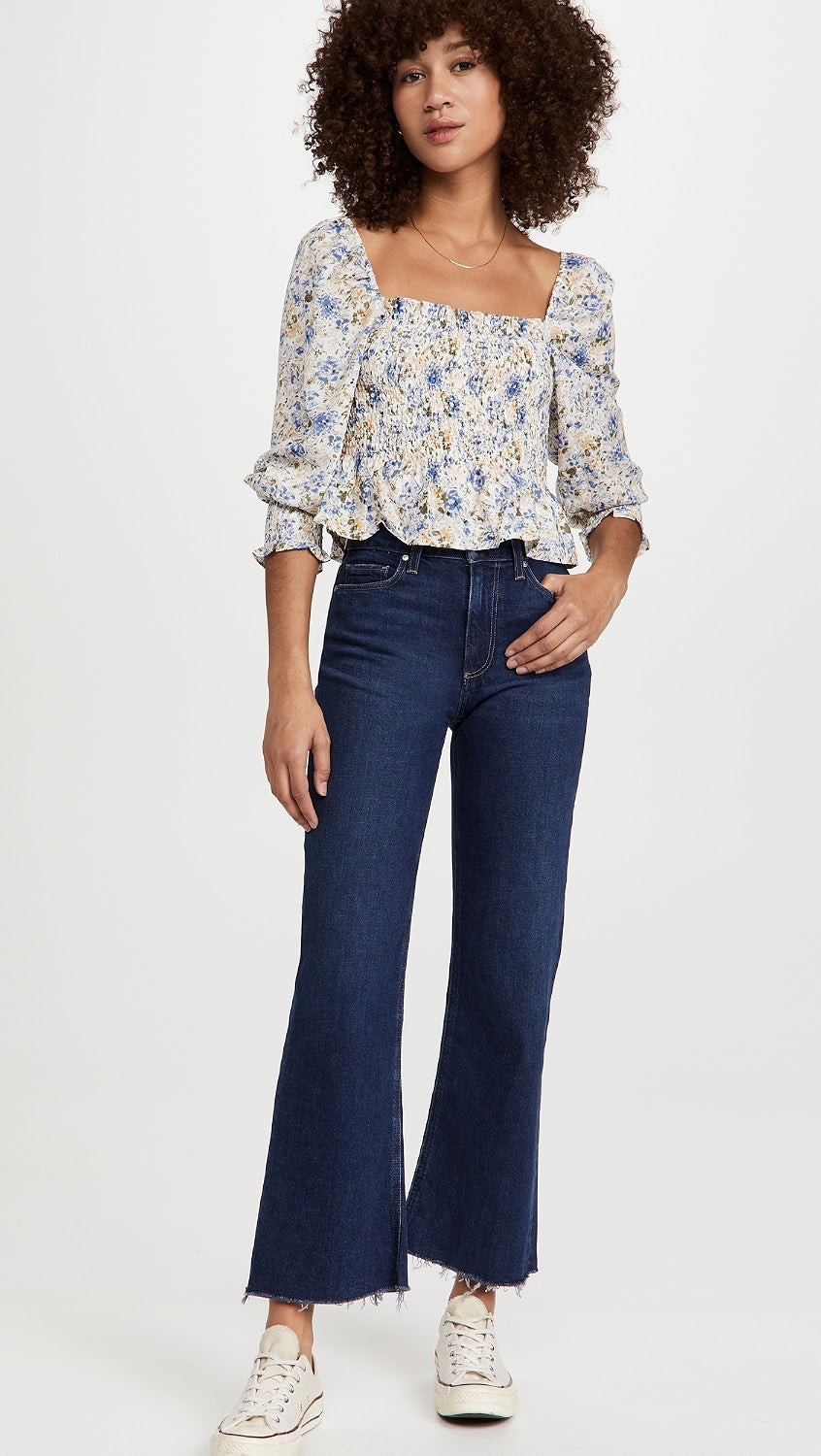 Paige Leenah Ankle High Rise Wide Leg Raw Hem Jeans in Dark Indigo | Size 28