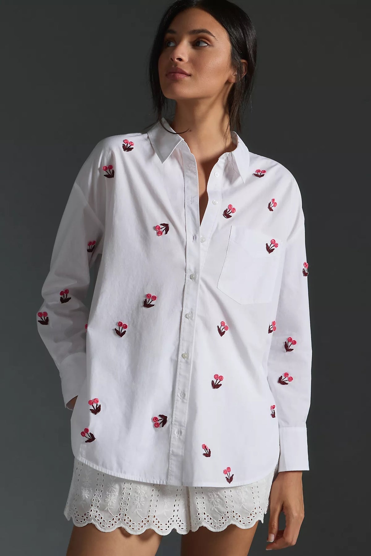 Maeve x Anthropologie Embroidered Cherry Blossom Button Down Shirt | Size Medium