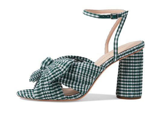 New Loeffler Randall Camellia Green Gingham Pleated Knot Block Heel Sandals | Size 9
