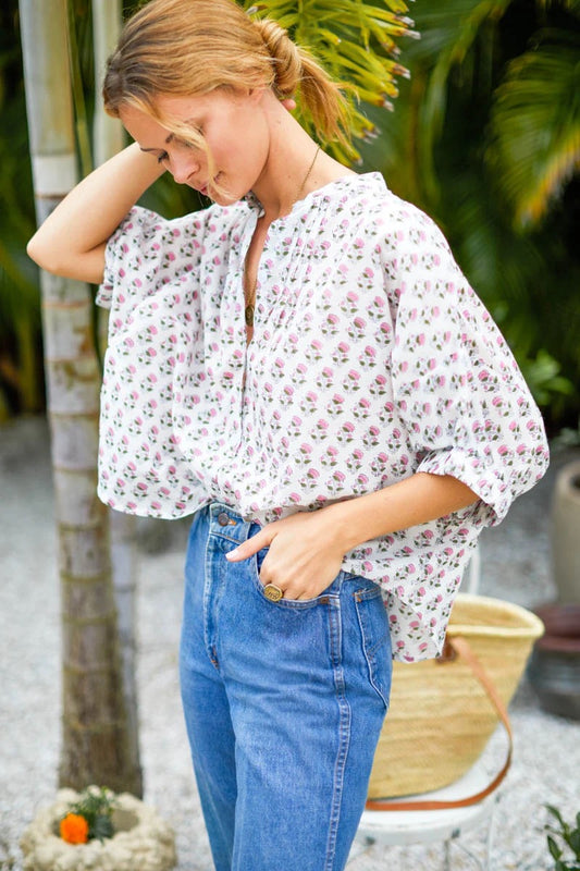 Emerson Fry India Collection Organic Cotton Floral Block Print Top | One Size