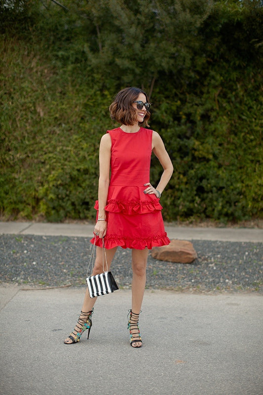 J Brand x Simone Rocha Red Structured Ruffle Tiered Mini Dress | Size Medium