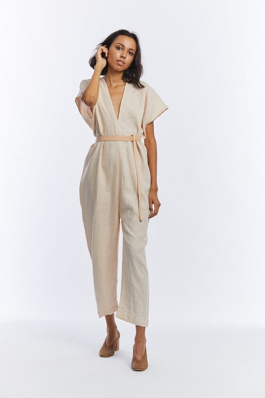 Miranda Bennett Raw Silk Cream Jumpsuit | Size Small