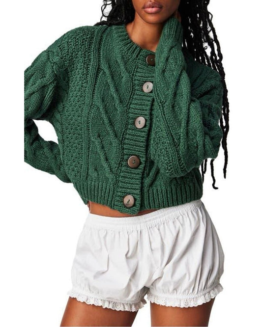 Free People Bonfired Chunky Cable Knit Cardigan in Forest Green | Size Small