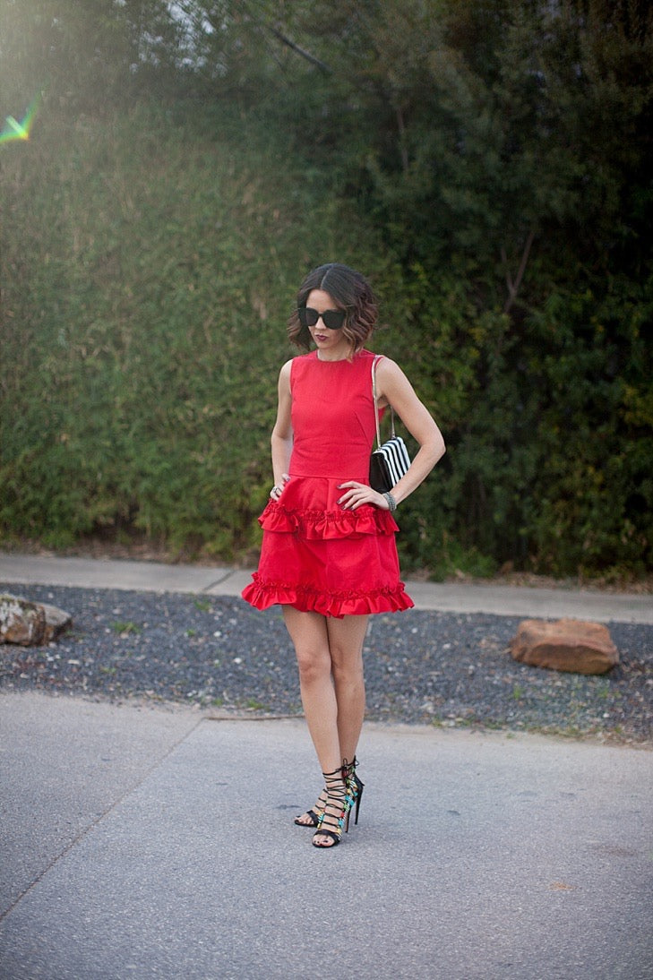 J Brand x Simone Rocha Red Structured Ruffle Tiered Mini Dress | Size Medium