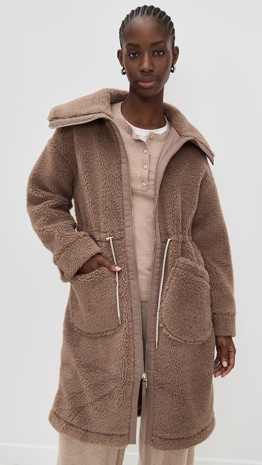 Varley Logan Sherpa Long Line Coat in Ash Taupe Brown | Size Large