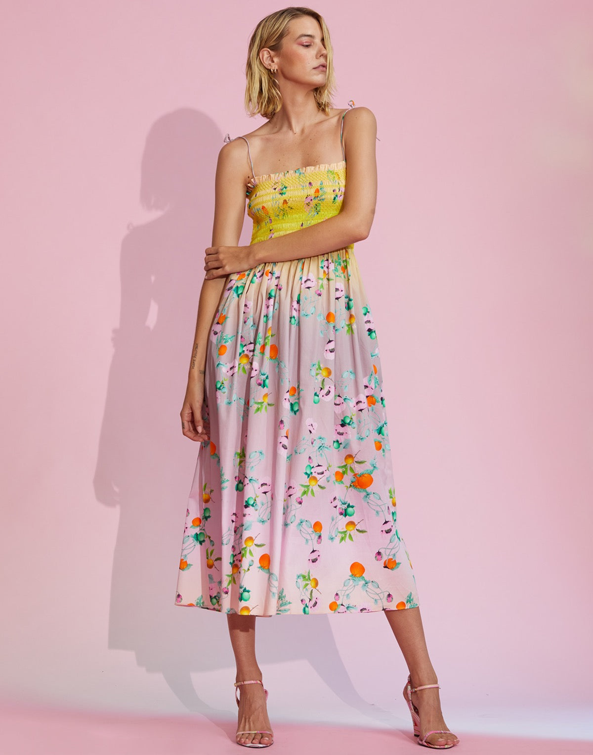 Cynthia Rowley Ombre Smocked Midi Dress in Yellow Multi | Size Medium