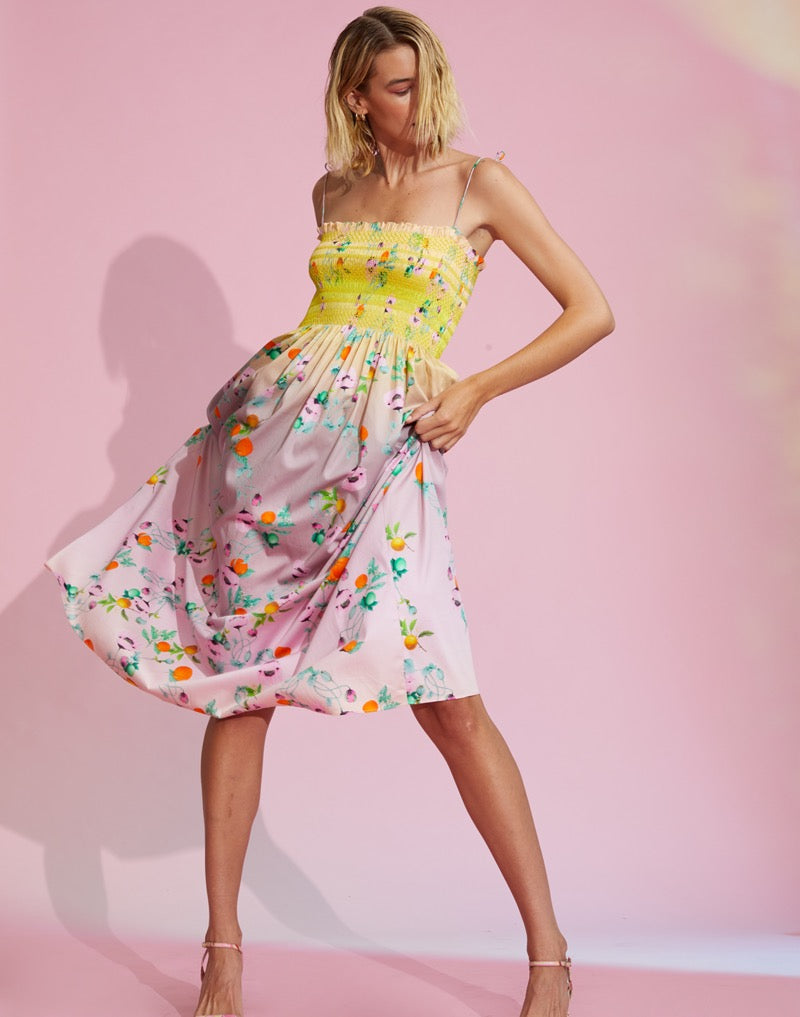 Cynthia Rowley Ombre Smocked Midi Dress in Yellow Multi | Size Medium