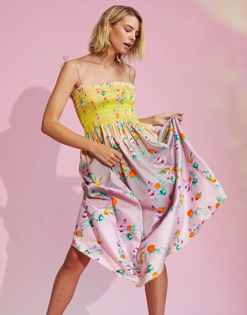 Cynthia Rowley Ombre Smocked Midi Dress in Yellow Multi | Size Medium