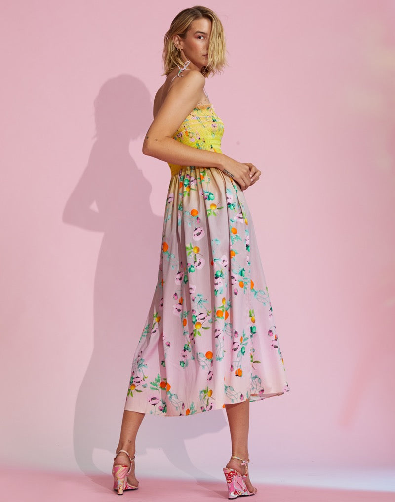 Cynthia Rowley Ombre Smocked Midi Dress in Yellow Multi | Size Medium