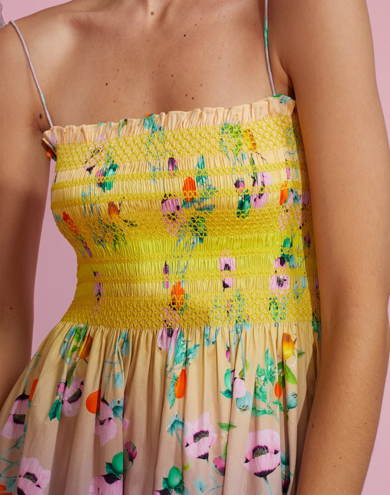 Cynthia Rowley Ombre Smocked Midi Dress in Yellow Multi | Size Medium