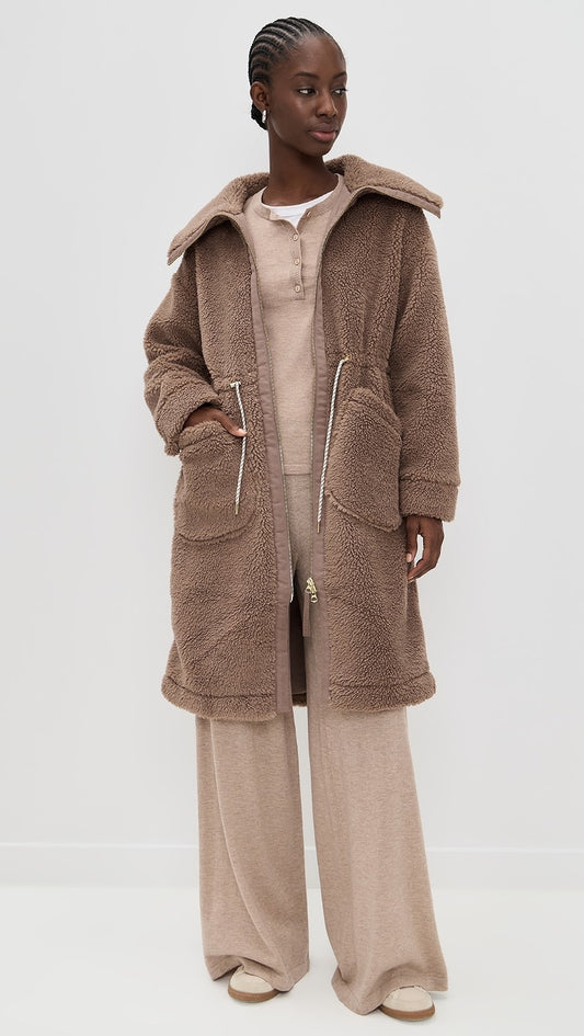Varley Logan Sherpa Long Line Coat in Ash Taupe Brown | Size Large