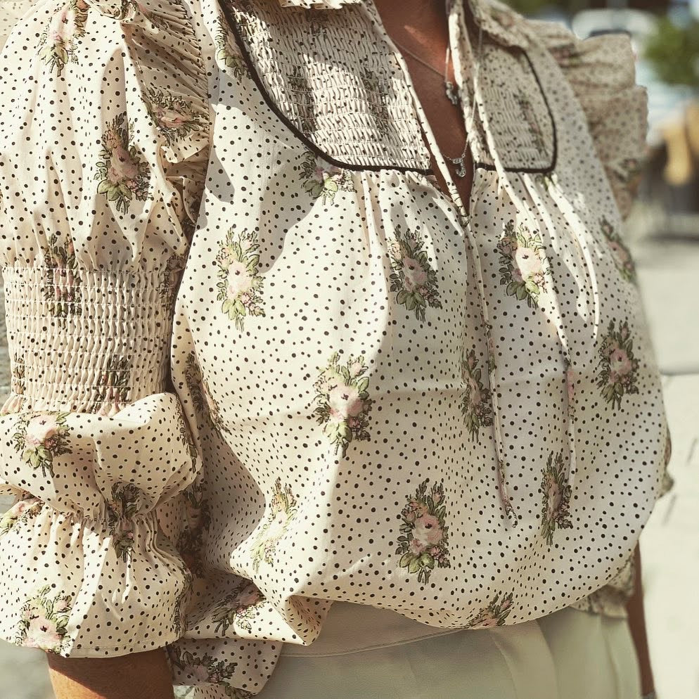 Notes du Nord Floral Polka Dot Ruffle Smocked Tie Neck Blouse