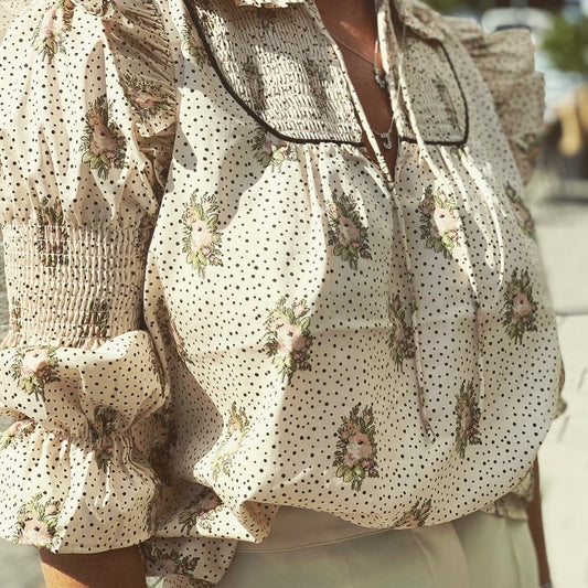 Notes du Nord Floral Polka Dot Ruffle Smocked Tie Neck Blouse