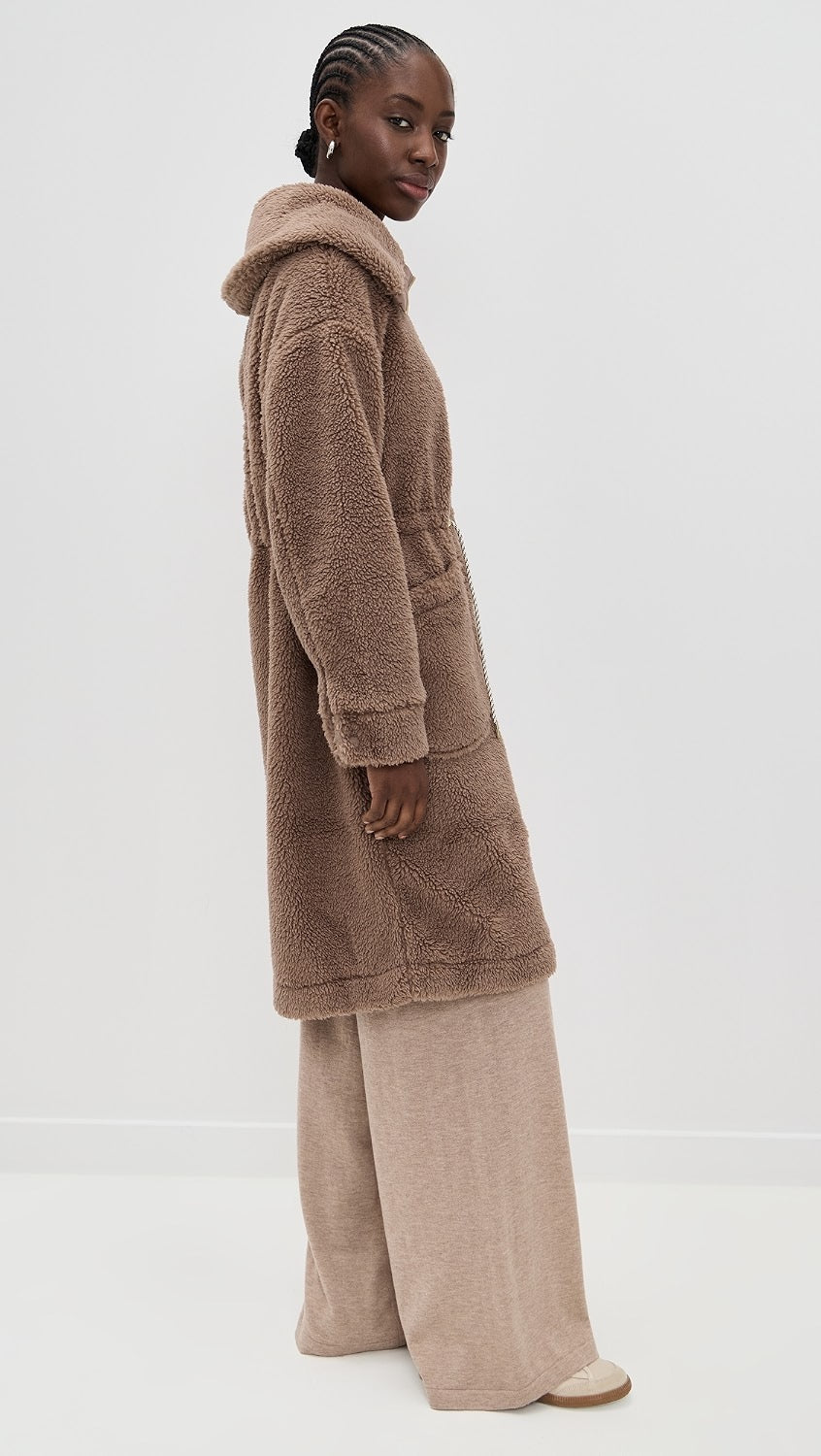 Varley Logan Sherpa Long Line Coat in Ash Taupe Brown | Size Large