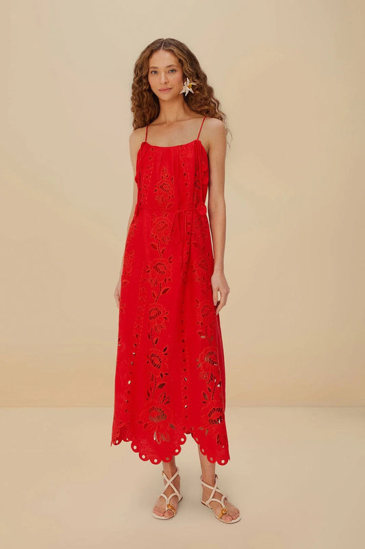 Farm Rio Red Flowers Richelieu Eyelet Floral Maxi Dress | Size Large