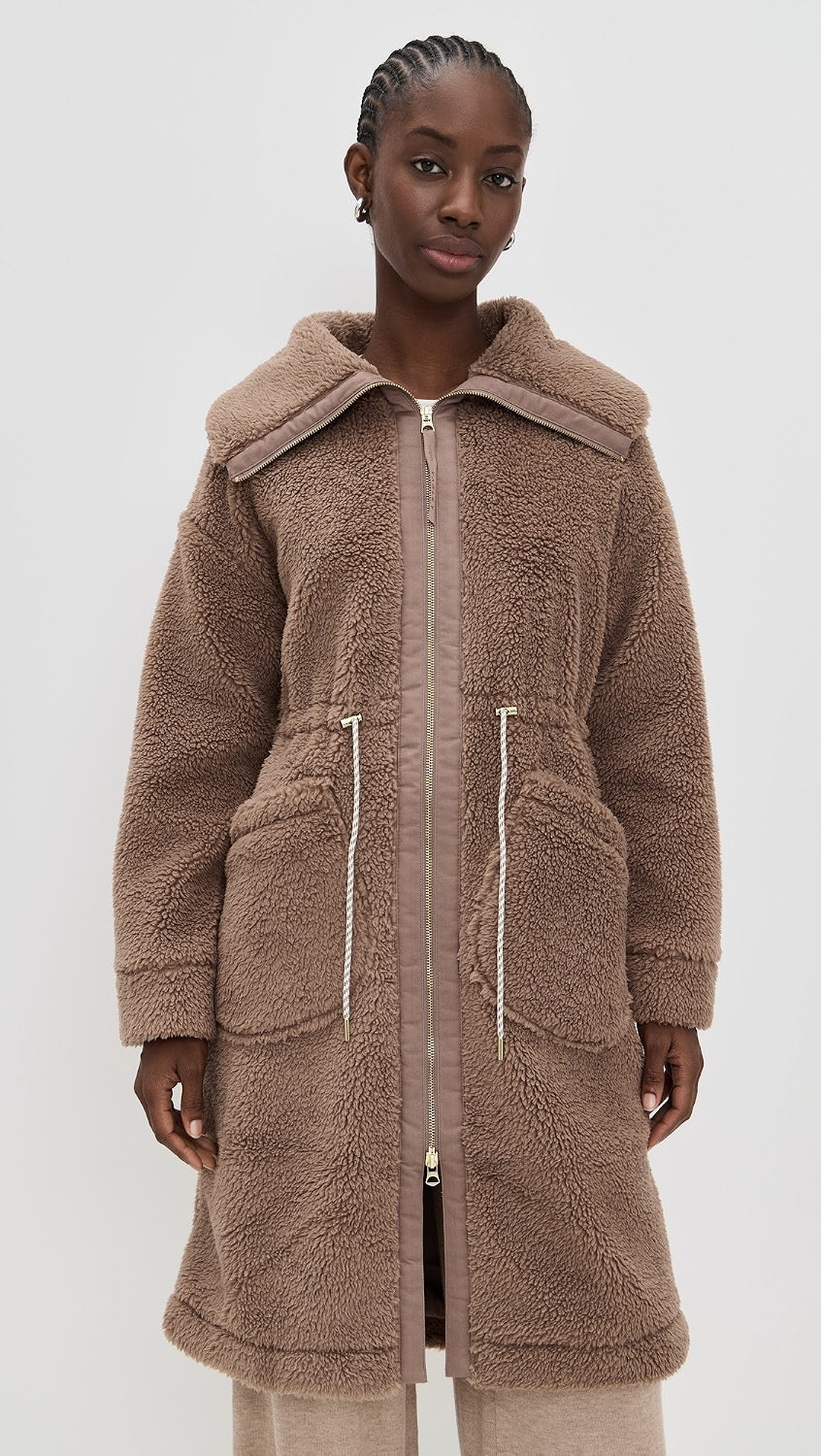 Varley Logan Sherpa Long Line Coat in Ash Taupe Brown | Size Large