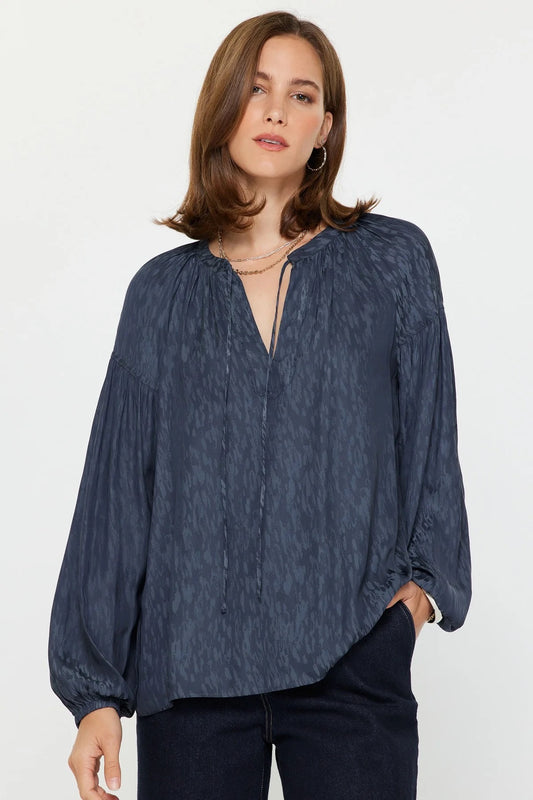 Current Air Midnight Jacquard Poet Blouse in Dark Navy | Size XS