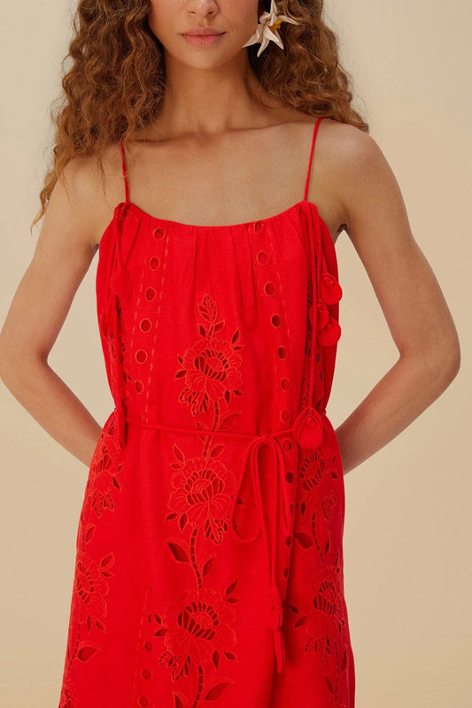 Farm Rio Red Flowers Richelieu Eyelet Floral Maxi Dress | Size Large