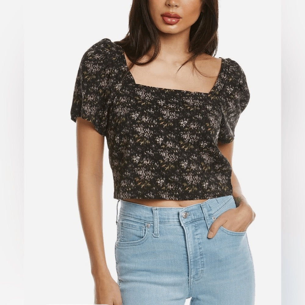 Madewell NWT Gemma Black Floral Smocked Back Crop Top | Size Small