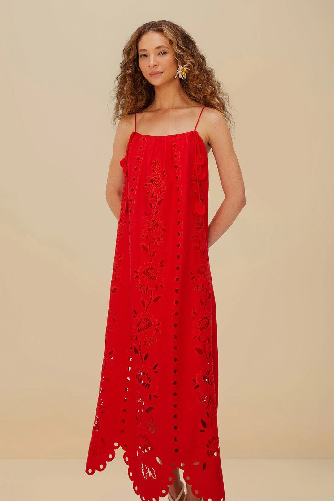 Farm Rio Red Flowers Richelieu Eyelet Floral Maxi Dress | Size Large