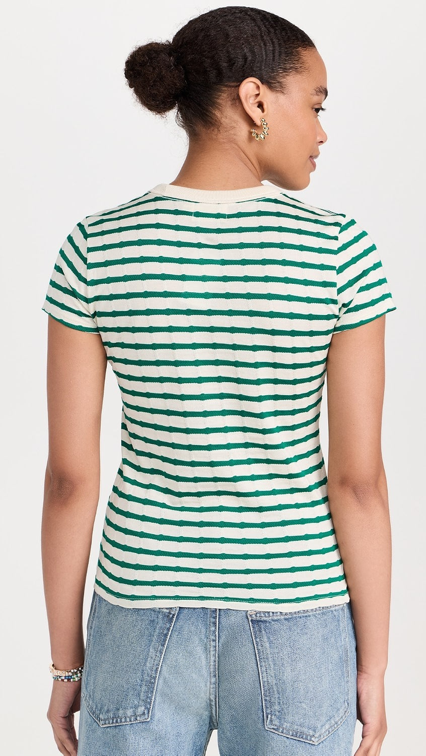 Nation LTD Laurence Shrunken Vintage Green and White Stripe T-Shirt | Size Large