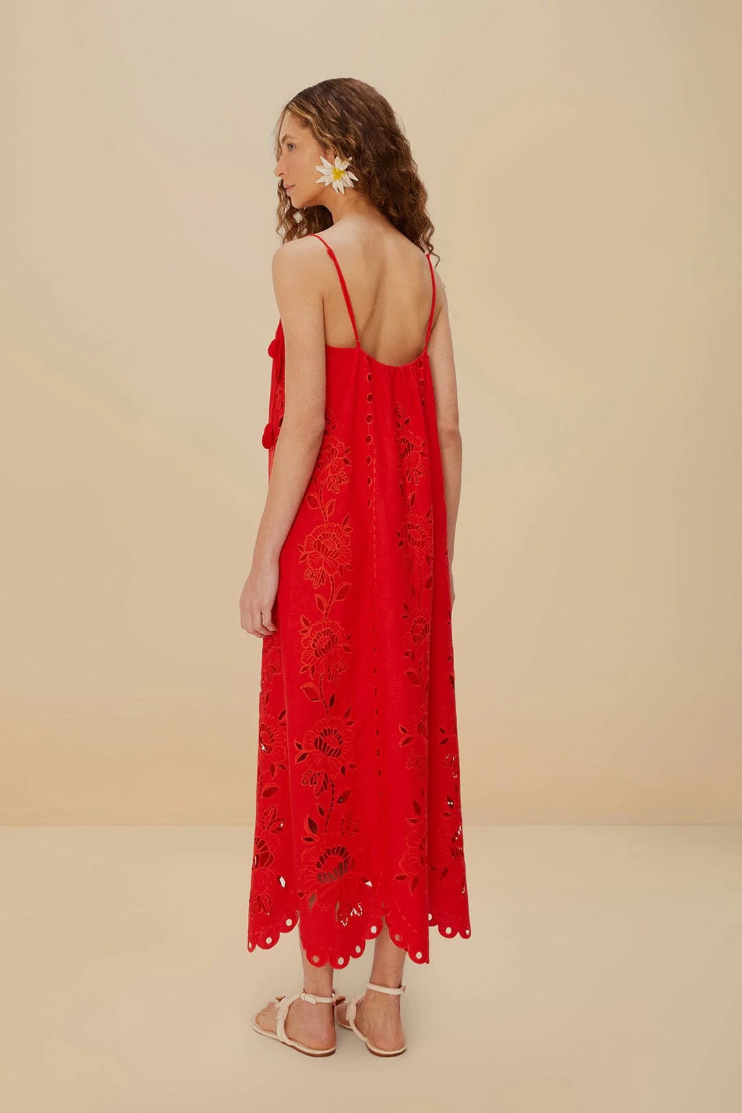 Farm Rio Red Flowers Richelieu Eyelet Floral Maxi Dress | Size Large
