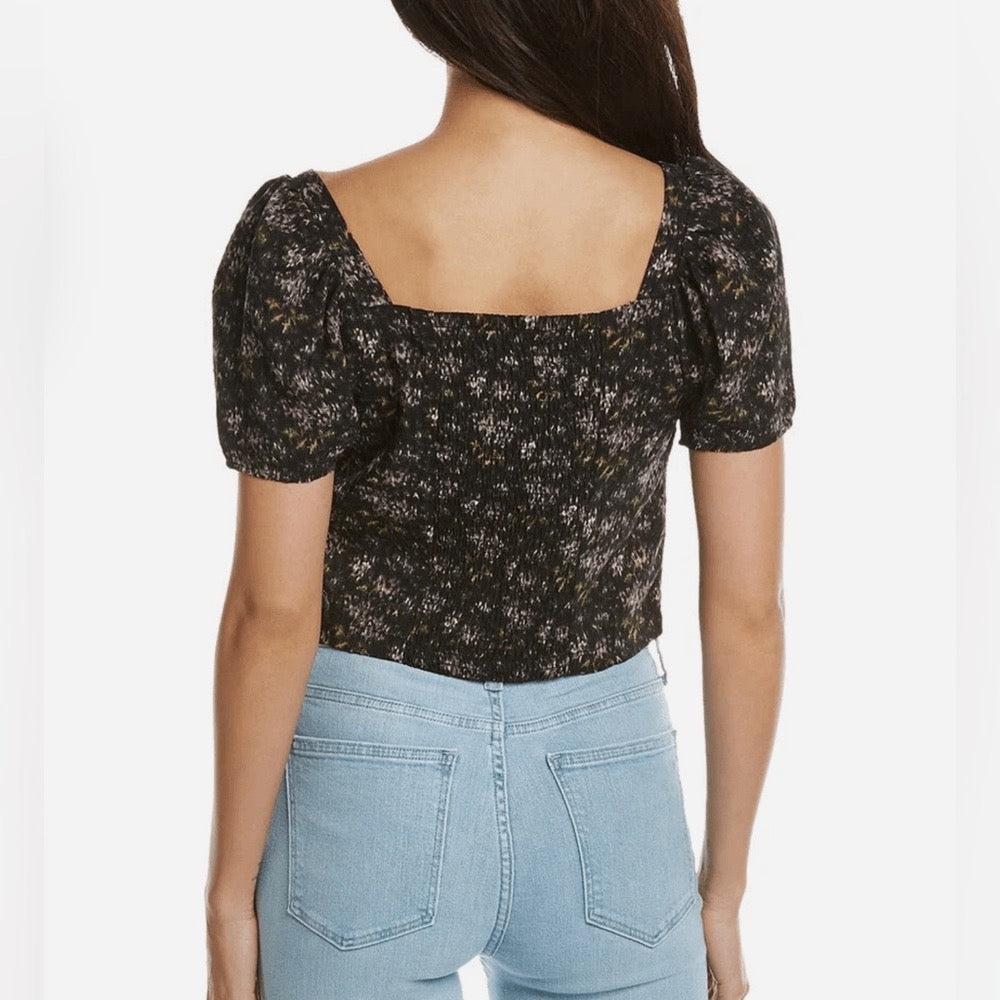 Madewell NWT Gemma Black Floral Smocked Back Crop Top | Size Small