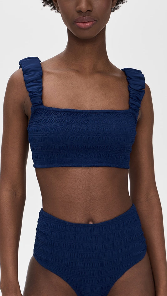 Sea Shyla Solid Smocked Bikini Top in Navy Blue | Size Large